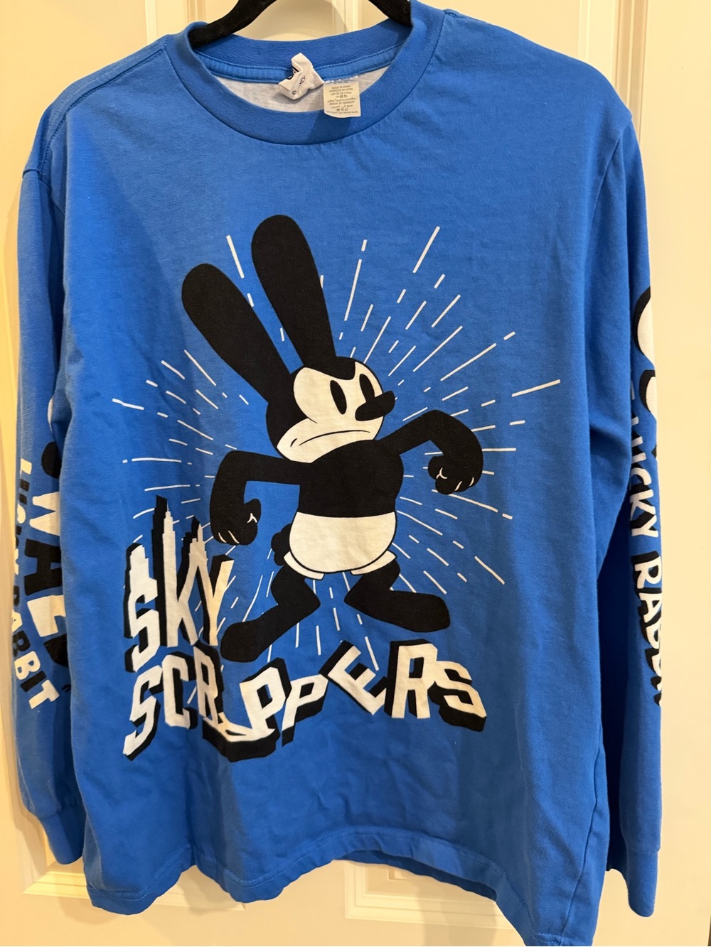 Disney Oswald lucky rabbit blue long sleeve shirt, size large 100th anniversary